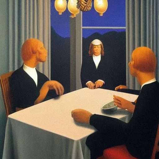 Prompt: A seance, by Raphael Hopper, and Rene Magritte. Extremely Highly detailed, Occult, funny, humorous, humor, hilarious, funny, entertaining, magical, trending on artstationHQ