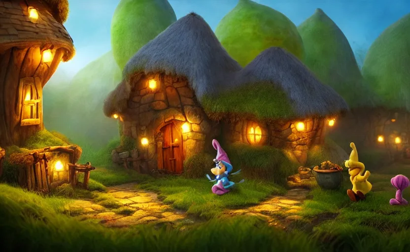 Image similar to a beautiful photo the smurfs village, hyper realistic, natural light, concept art,, cozy atmospheric and cinematic lighting