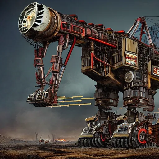 Prompt: giant scary quadrupedal mining machine with drill, four legs, highly detailed body, retro, industrial, dark, dystopian, apocalyptic, in the style of simon stalenhag