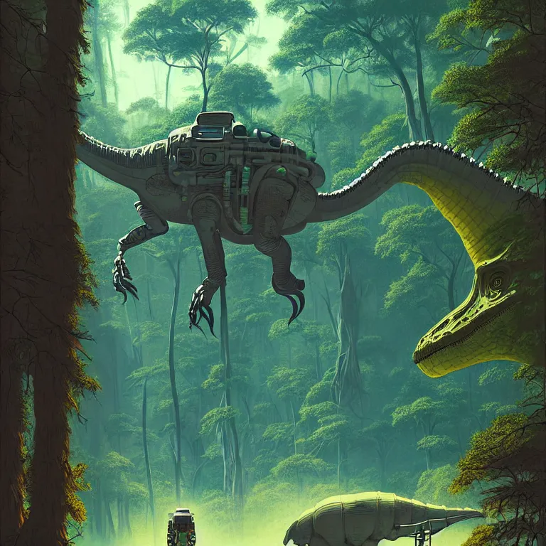 Image similar to illustration of a futuristic astronaut in a forest, giant dinosaur, highly detailed, by James Gilleard and Bruce Pennington