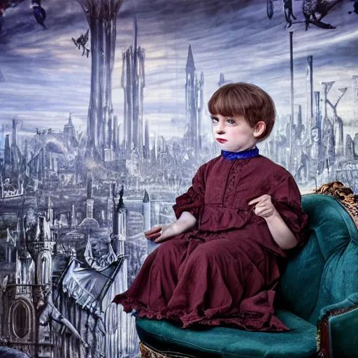 Prompt: a color photo of young sad victorian gothic child with big eyes and wide grin sitting on a sofa of bones surrounded by a cyber futuristic cityscape made of human body parts, ultra detailed, 8 k resolution, beautiful lighting, expansive detailed layered city, landscape, sigma 8 5 mm, award winning photography