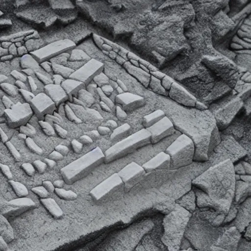 Prompt: prehistoric paleolithic city made of chalk, talc, quartz, aerial view