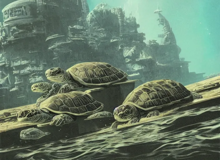 Image similar to mega turtles underwater in a ruined Atlantis art by Chesley Bonestell, cgsociety, retrofuturism, matte painting, reimagined by industrial light and magic