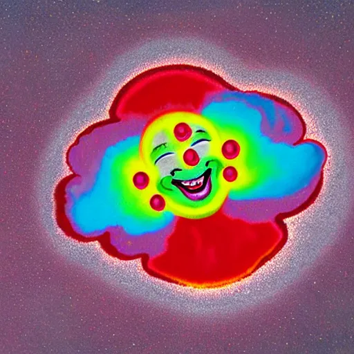 Image similar to an atomic explosion that looks like a clown and is made of smaller clowns
