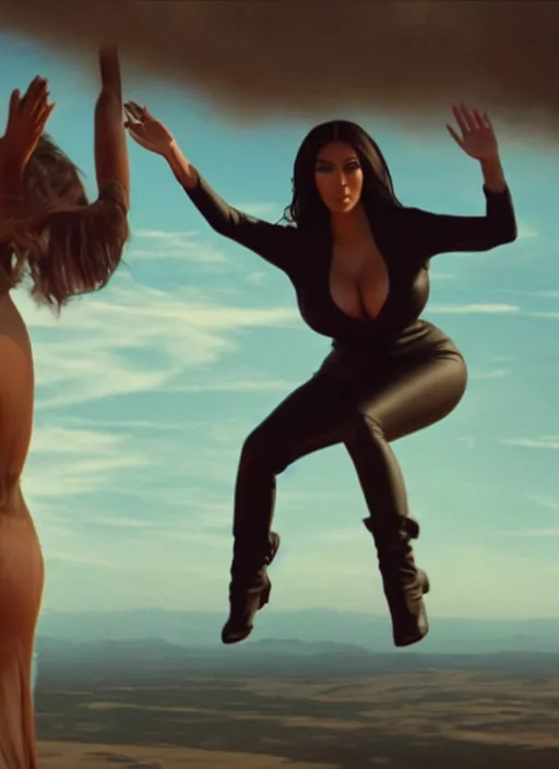 Image similar to film still of kim kardashian being held up in the air by an alien, 8 k