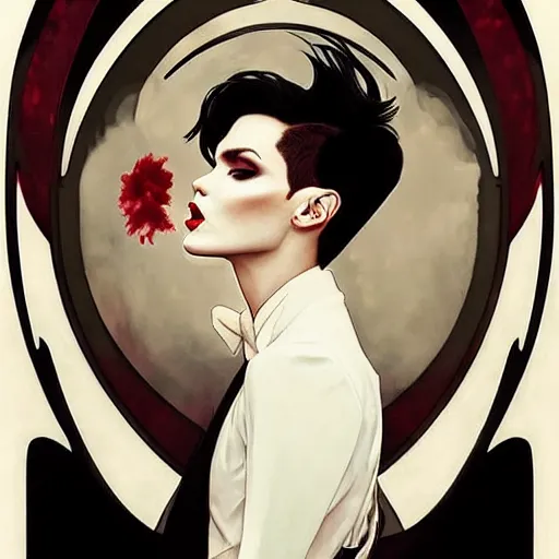 Image similar to beautiful portrait of androgynous ruby rose as desire from sandman in a white tuxedo!!!, rockabilly style, by alphonse mucha, cedric peyravernay, by jeremy mann, by frank moth, white suit and black tie, soft lightning, high detailed, 8 k