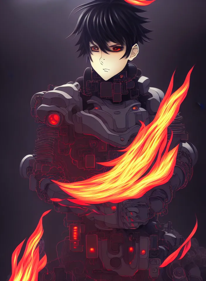 Image similar to a detailed manga illustration character full body portrait of a dark haired cyborg anime man surrounded by clouds of dark smoke and fire, trending on artstation, digital art, 4 k resolution, detailed, high quality, sharp focus, hq artwork, insane detail, concept art, character concept, character illustration, full body illustration, perfect anatomy, cinematic, dramatic lighting