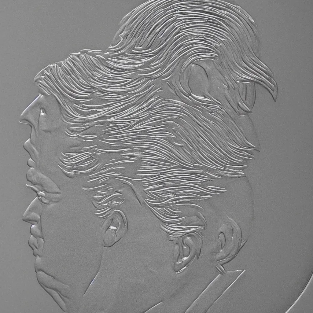 Prompt: Donald Trumps profile on a silver coin, photorealistic