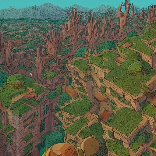 Image similar to cell shaded adult animation, a birds eye view overlooking a walled off ancient fantasy city being attacked by horrific monsters, surrounded by mountains and trees of greens and browns, rivers, concept art by josan gonzales and wlop, Laurie Greasley, Bekinski and james jean, highly detailed, sharp focus, Trending on Artstation, HQ, deviantart, art by artgem