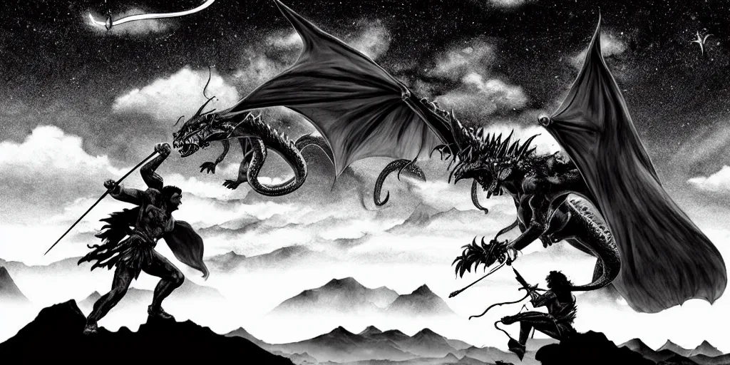 Prompt: archer fighting a dragon under the night sky in front of the mountains. dark fantasy style. epic fight. digital art. black and white. by kentaro miura