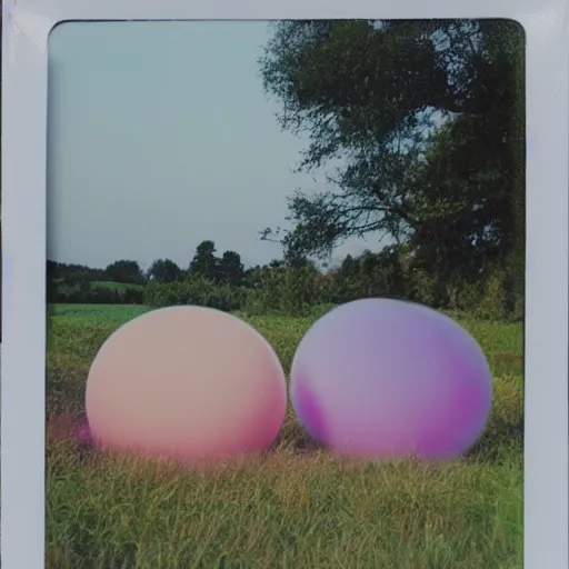 Image similar to a pastel coloured Polaroid photo of a sun lounger surrounded by soft spheres, both made of transparent iridescent perspex stood centrally in a field, beams of light, nostalgic