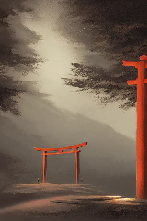 Image similar to Japanese Torii in a moutain ,night , by Grzegorz Rutkowski, concept art