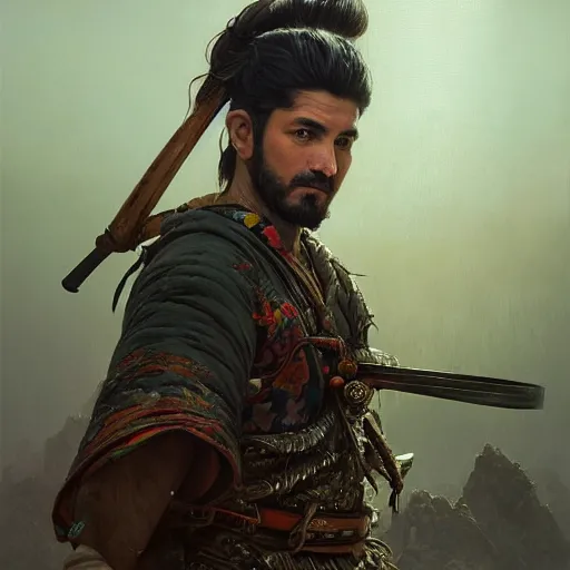 Image similar to Hyper realistic detailed portrait of Kurdish samurai, Stephen Bliss, unreal engine, fantasy art by Greg Rutkowski, Loish, Rhads, ferdinand knab, Makoto Shinkai and Lois van baarle, ilya kuvshinov, rossdraws, Tom Bagshaw, alphonse mucha, global illumination, radiant light, detailed and intricate environment, highly detailed, award winning art