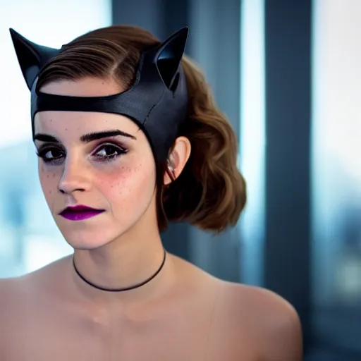 Prompt: Emma Watson as Catwoman, XF IQ4, f/1.4, ISO 200, 1/160s, 8K, Sense of Depth, color and contrast corrected, AI enhanced, HDR, in-frame