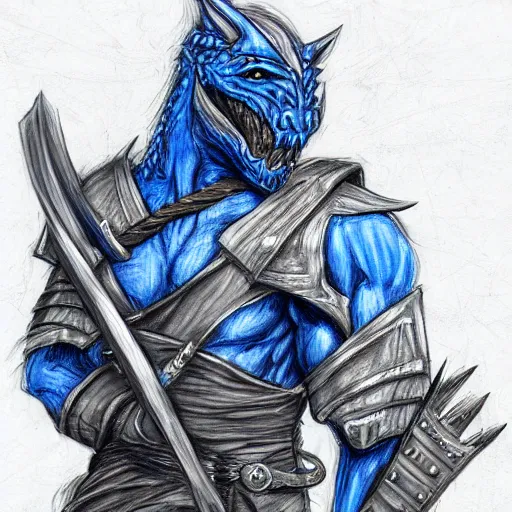 Image similar to fantasy concept art; portrait of a blue dragonborn wielding an axe; barbarian clothing; detailed sketch