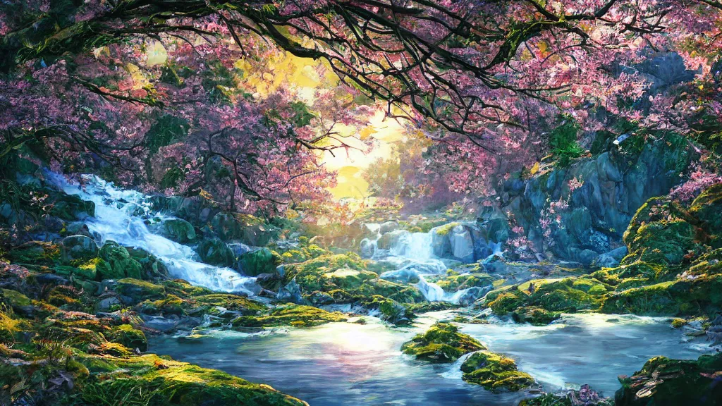 Image similar to featured on artstation cherry tree overlooking valley waterfall sunset beautiful image stylized digital art