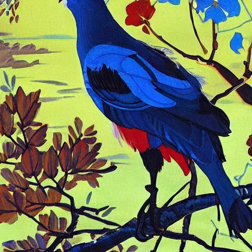 Prompt: A beautiful experimental art of a bird in its natural habitat. The bird is shown in great detail, with its colorful plumage and intricate patterns. The background is a simple but detailed landscape, with trees, bushes, and a river. graffiti by Akihiko Yoshida, by Zinaida Serebriakova dull, aesthetic