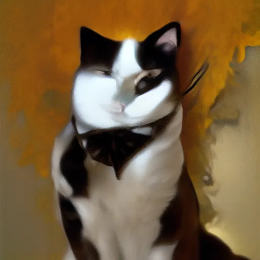 Prompt: realistic painting of a cat wearing a tuxedo, ultra long lens, 8 k, ultra, realistic, art by alphonse mucha