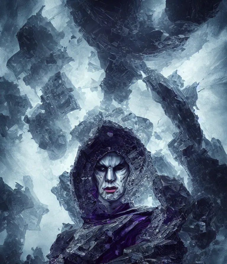 Image similar to impressive ominous front!! shot photo of a court jester character fine portrait fine portrait mesmerizing fractal hyper cubes platinum cracked dark future hyper dimensional space galactic crystal nebula edges elegant detailed intricate concept artstation sharp focus ray tracing cinematic masterpiece temporal corruption beeple wlop germ 8 4 k scifi glossy hyper realistic illustration canon eos r 3 fujifilm x - t 3 0 sony alpha a 6 6 0 0