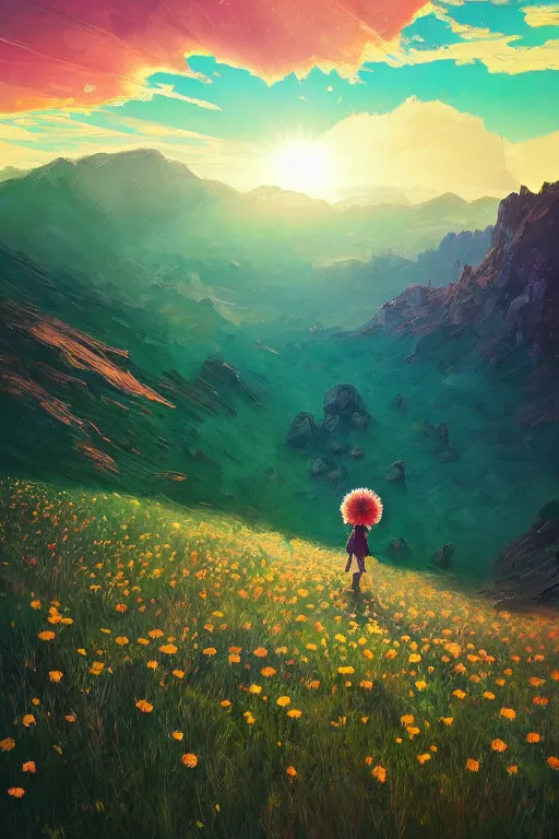 Image similar to giant daisy flower head, girl hiking in the mountains, surreal photography, sunrise, dramatic light, impressionist painting, colorful clouds, digital painting, artstation, simon stalenhag