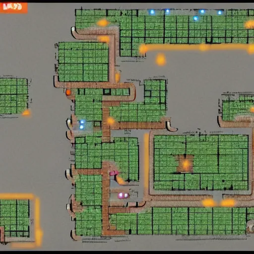 Prompt: cs : go minimap, layout of map, 2 character spawn locations on opposite sides of map, 2 objective sites, items fir characters to hide behind on objective sites, walkways that connect spawns and objective sites