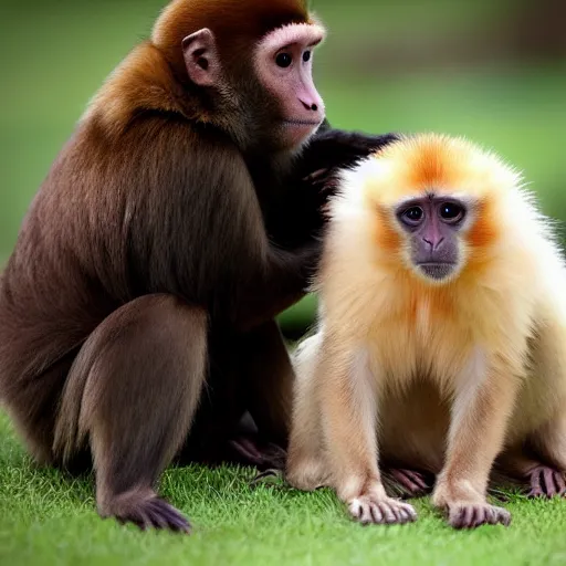 Image similar to capuchin monkey grooming golden retriever, picking lice meticulously