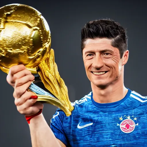 Image similar to portrait of Robert Lewandowski holding World Cup trophy, 4k, hq, high details, natural light, perfect quality, professional photography, award winning photo, a lot of details, perfect face