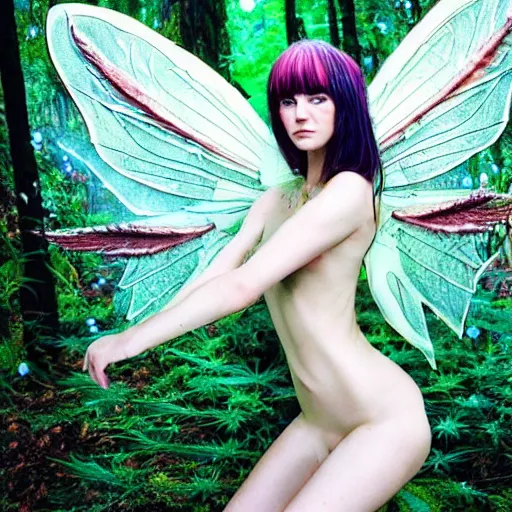 Prompt: beautiful fairy, fantasy, cannabis wings, symmetrical face, full body, dramatic lighting, forest, dreamy