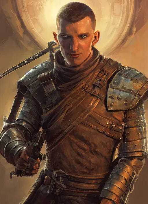 Image similar to buzzcut hair stubble male gunslinger shooter, dndbeyond, bright, realistic, dnd character portrait, full body, art by ralph horsley, dnd, rpg, lotr game design fanart by concept art, behance hd, artstation, deviantart, global illumination radiating a glowing aura global illumination ray tracing hdr render in unreal engine 5