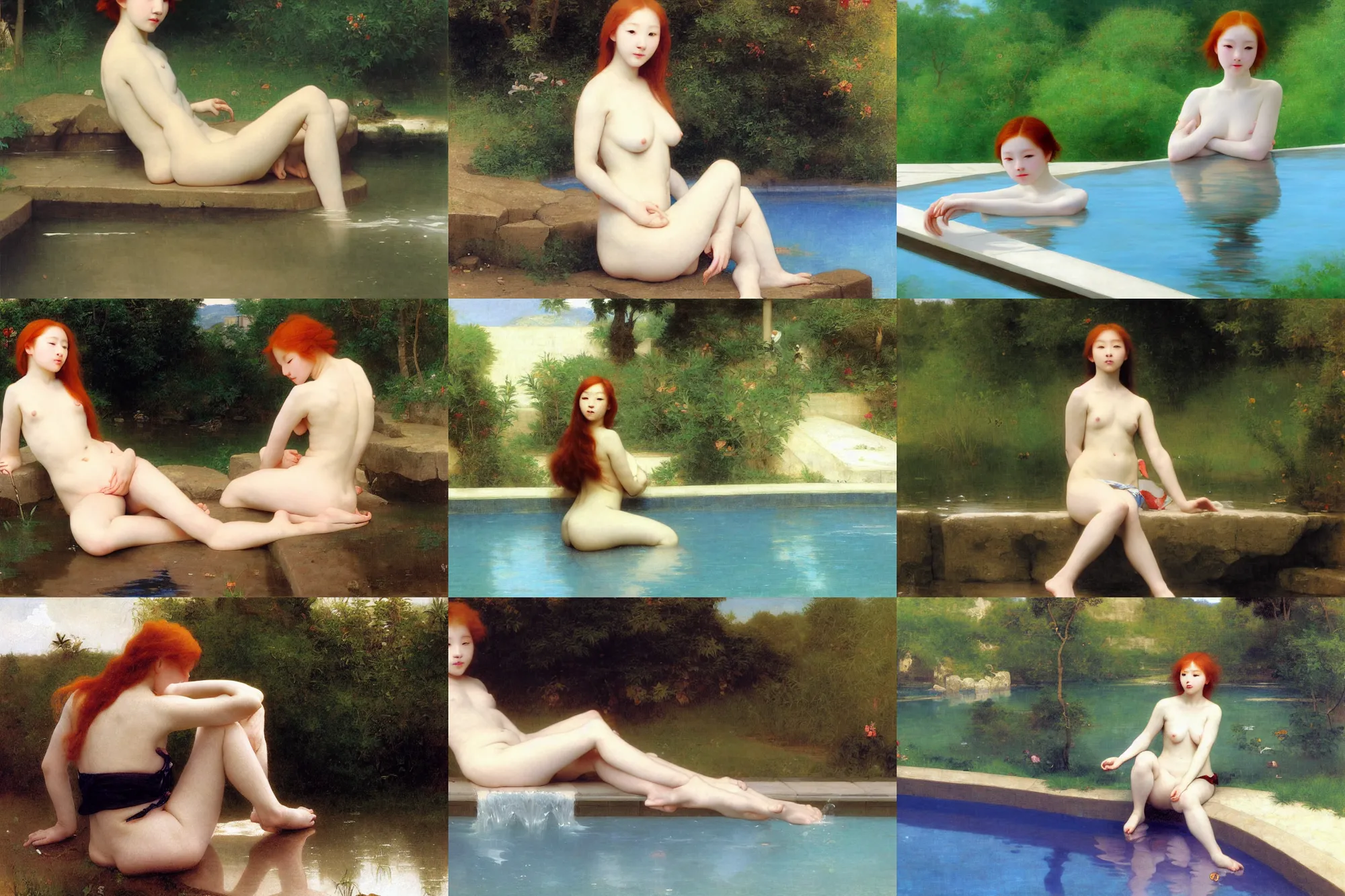 Prompt: young korean redhead sit on edge of pool, hd, realistic, bouguereau