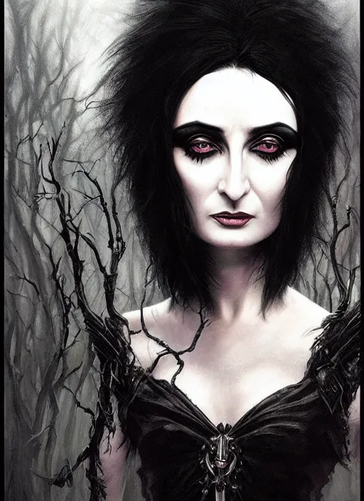 Prompt: portrait of siouxsie sioux, dark and ethereal, expressive pose, peaceful expression, dark gothic dress, fantasy, intricate, dark forest background, highly detailed, digital painting, artstation, concept art, smooth, sharp focus, illustration, art by artgerm and greg rutkowski and scott m fischer