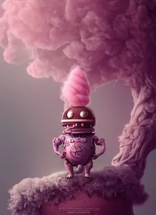 Image similar to fKrang standing with black jar, enchanted, magical, cotton candy trees, cinematic shot, intricate, ornate, photorealistic, ultra detailed, realistic, 100mm, photography, octane, high definition, depth of field, bokeh, 8k, behance, artstation