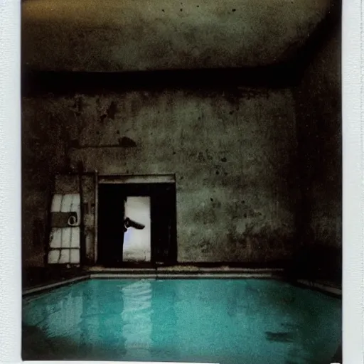 Image similar to polaroid photo of abandoned liminal swimming pool scary, dark art, moody