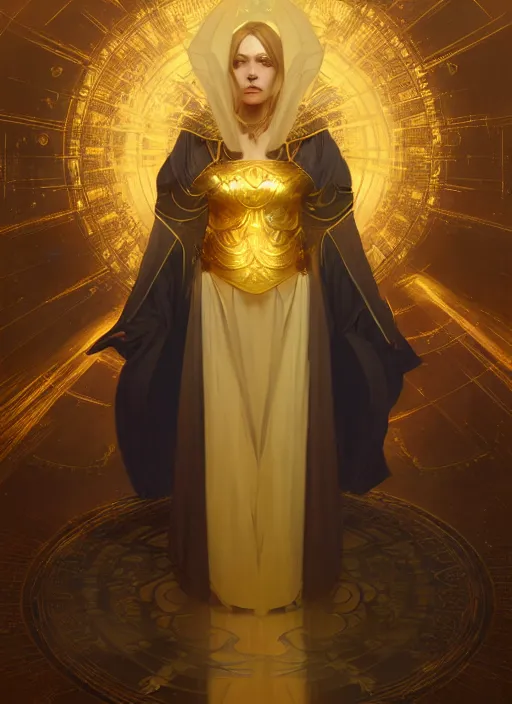 Prompt: a well endowed female mage wearing thin gold robes, intricate concept art, ethereal, enchanted, ominous, dramatic lighting, illuminated lines, dark background, 8 k, by ruan jia and krenz cushart and alphonse mucha