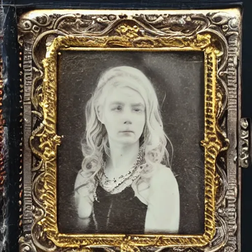 Image similar to tintype ambrotype daguerreotype of a cthulhu priestess adorned in occult jewelery with tentacle hair. emerging walking out of a baroque frame. striking face.