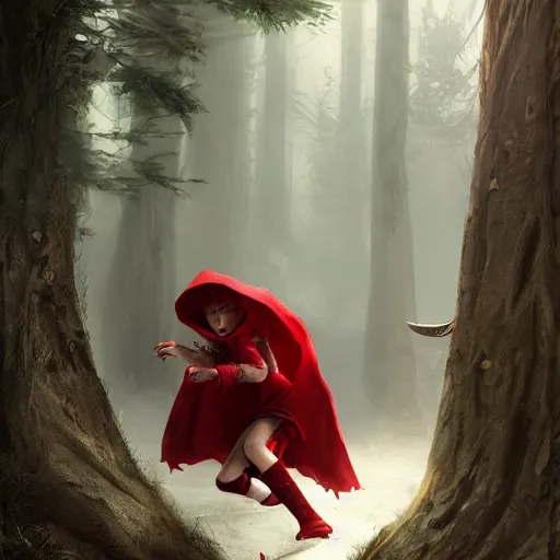 Prompt: Toddler little red riding hood fighting and slaying a giant scary werewolf, 3d scene, render, ultra realistic, zenith view, Greg Rutkowski, artstation, cgsociety, unreal engine, 3d scene, render, ultra realistic