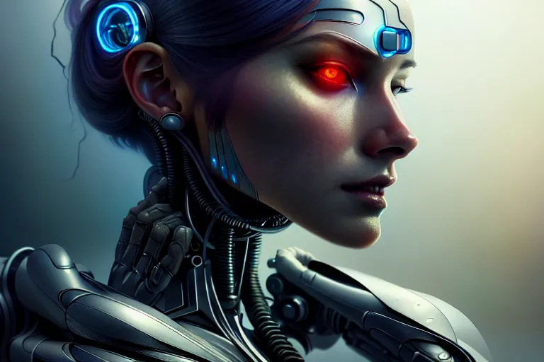 Image similar to ultra realistic, beautiful cyborg woman, sci-fi, fantasy, cyberpunk, intricate, elegant, highly detailed, digital painting, octane render, artstation, concept art, smooth, sharp focus, illustration, art by artgerm and greg rutkowski and alphonse mucha and giger