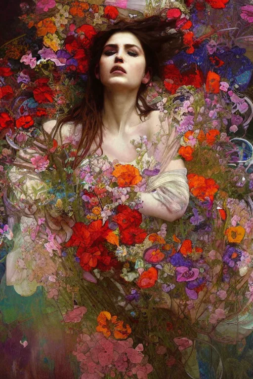 Prompt: a beautifull intricate painting of a disembodied soul surrounded by flowing flower petals, vivid colors, artstation, by jeremy mann, by alphonse mucha,