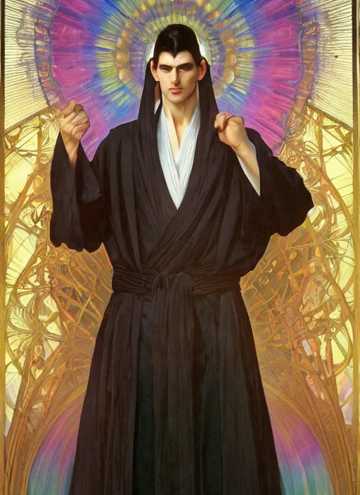 Image similar to a tall, muscular man with dark hair and pale skin. he is wearing a white royal robe. i'm the background, rainbow colors swirl around him. chromatic light. portrait painting by artgerm and greg rutkowski and alphonse mucha.