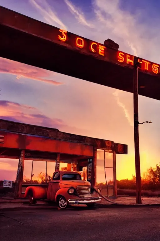 Image similar to a sunset light landscape with historical route 6 6, lots of sparkling details and sun ray ’ s, blinding backlight, smoke, volumetric lighting, colorful, octane, 3 5 mm, abandoned gas station, old rusty pickup - truck, beautiful epic colored reflections, very colorful heavenly, softlight