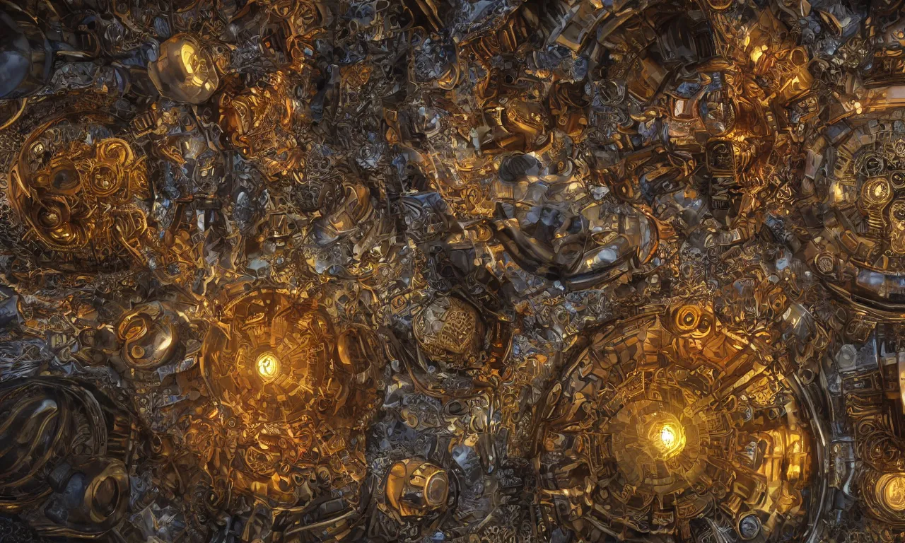 Image similar to steampunk engine laboratory 3 d volume kaleidoscope fractal voronoi metal chakra digital multicolor stylized concept substance natural color scheme, global illumination ray tracing hdr fanart arstation by sung choi and eric pfeiffer and gabriel garza and casper konefal