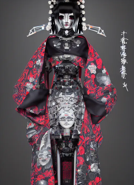 Image similar to full body portrait of a gothic style japanese robot geisha with kanji tattoos and decals wearing a digital pixelated kimono, intricate design, photo - realistic, octane render, dark colour palette, ultra fine detailed, character design, trending on artstation