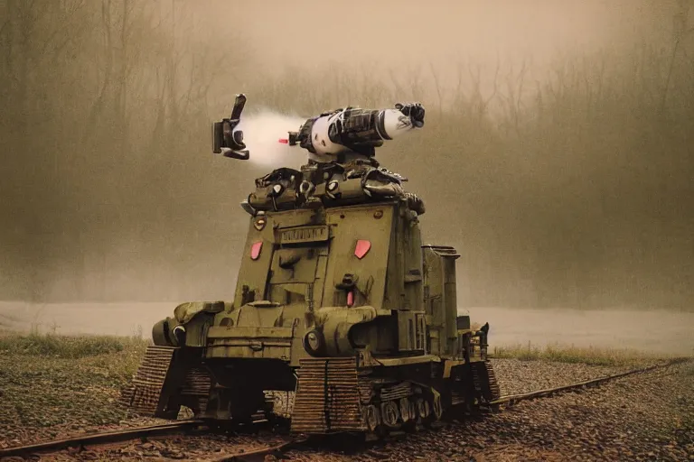 Image similar to giant oversized chubby bulky armored train Dachshund dog robot mech, with big pug head , rocket launcher , on a village , Cinematic focus, fujicolor photo, vintage, neutral colors, soft lights, foggy, panorama by by Serov Valentin, by lisa yuskavage, by Andrei Tarkovsky