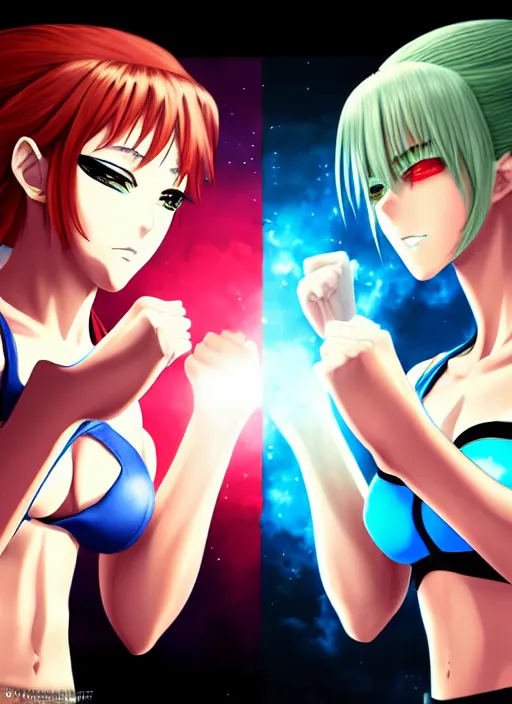 Image similar to two beautiful identical female fighters facing each other, dim lighting, gorgeous features, high resolution, detailed digital anime art