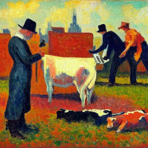 Prompt: a painting in the style of Maximilien Luce of a cow wearing a bloody apron and butchering a human