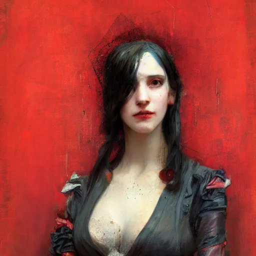 Prompt: Solomon Joseph Solomon and Richard Schmid and Jeremy Lipking victorian genre painting portrait painting of a young beautiful woman cyberpunk future hacker punk rock in fantasy costume, red background