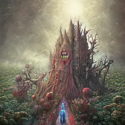 Image similar to Vampire traveling through a beautiful psychedelic world, horror, illustrated by Andrew Ferez, trending on artstation
