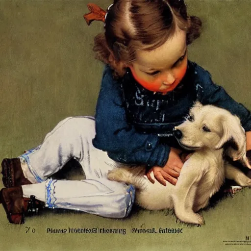 Prompt: A baby playing with her puppy dog, artwork by Norman Rockwell, cinematic composition