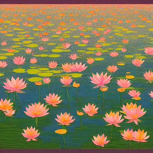 Prompt: sunlit sea of lotus flowers as far as the eye ca see in the style of hayao miyuzaki