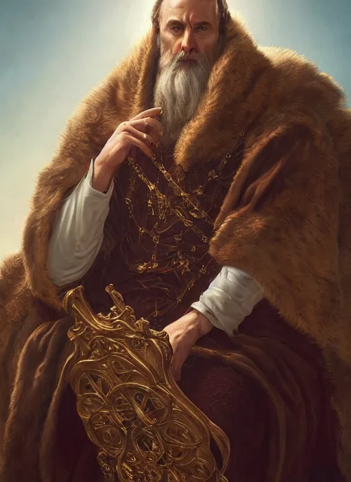 Image similar to wisened philosopher king (an absolute monarch of his wealthy european kingdom) resides on his trone, his gaze transfixed on the horizon of the infinite timespan, highly detailed DnD portrait by Raffaello Ossola and Ross Tran and Greg Rutkowski, stunning detail, 8k, 4k